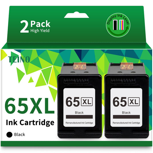 TEINO 65XL Black Ink Cartridge Remanufactured Ink Cartridge Replacement for HP 65 Black Ink Cartridge HP Ink 65 XL for Envy 5055 5052 DeskJet 3755 3772 3700 2655 3752 2600 2652 2622 Printer (2 Black)