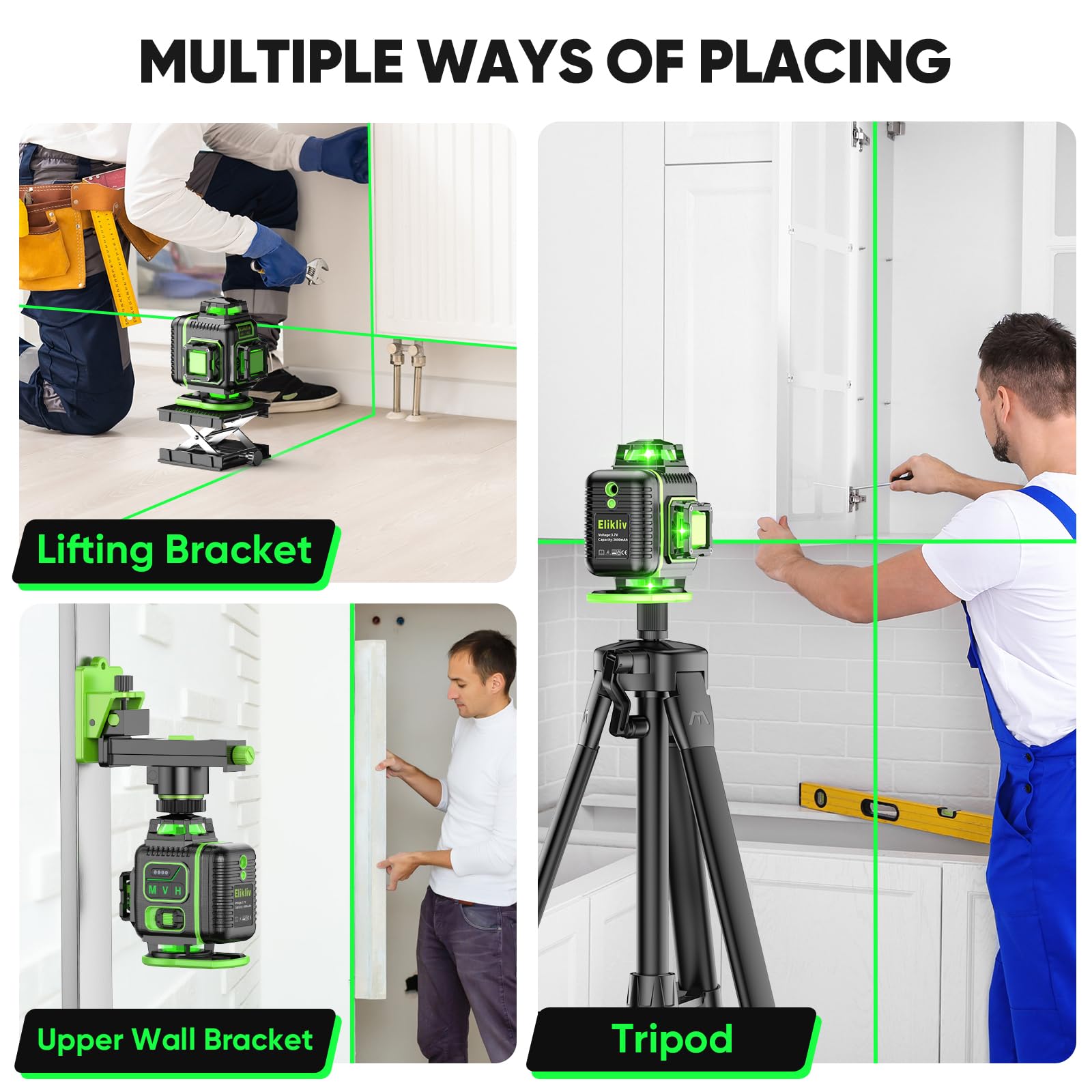 Laser Level 360 Self Leveling with Tripod, Elikliv 4D Laser Level, 165Ft Green Laser Level Lines Tool, 4x360° Cross Line Laser for Construction, Floor - WoodArtSupply