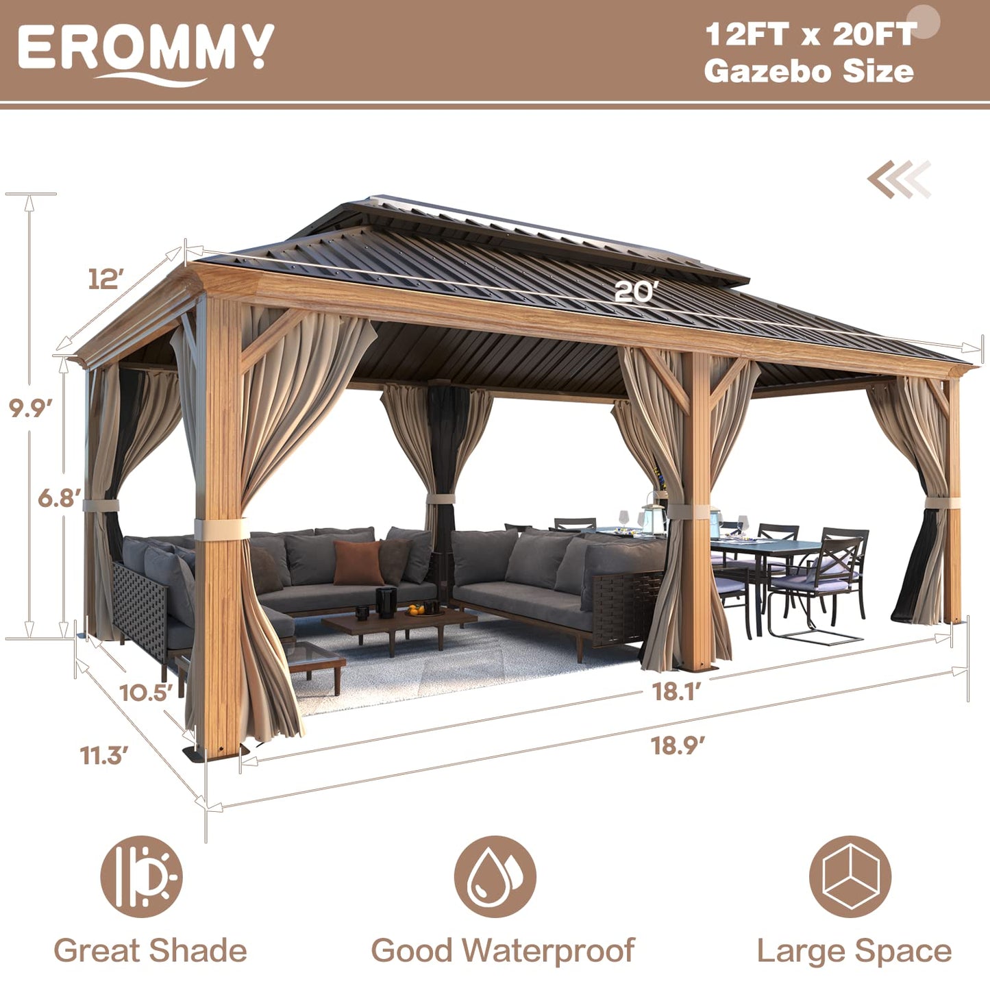 EROMMY 12'x20' Hardtop Gazebo, Wooden Finish Coated Aluminum Frame Gazebo with Galvanized Steel Roof, Outdoor Metal Gazebos with Curtains and Nettings for Patio, Backyard, Deck and Lawns