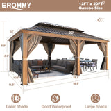 EROMMY 12'x20' Hardtop Gazebo, Wooden Finish Coated Aluminum Frame Gazebo with Galvanized Steel Roof, Outdoor Metal Gazebos with Curtains and Nettings for Patio, Backyard, Deck and Lawns EROMMY