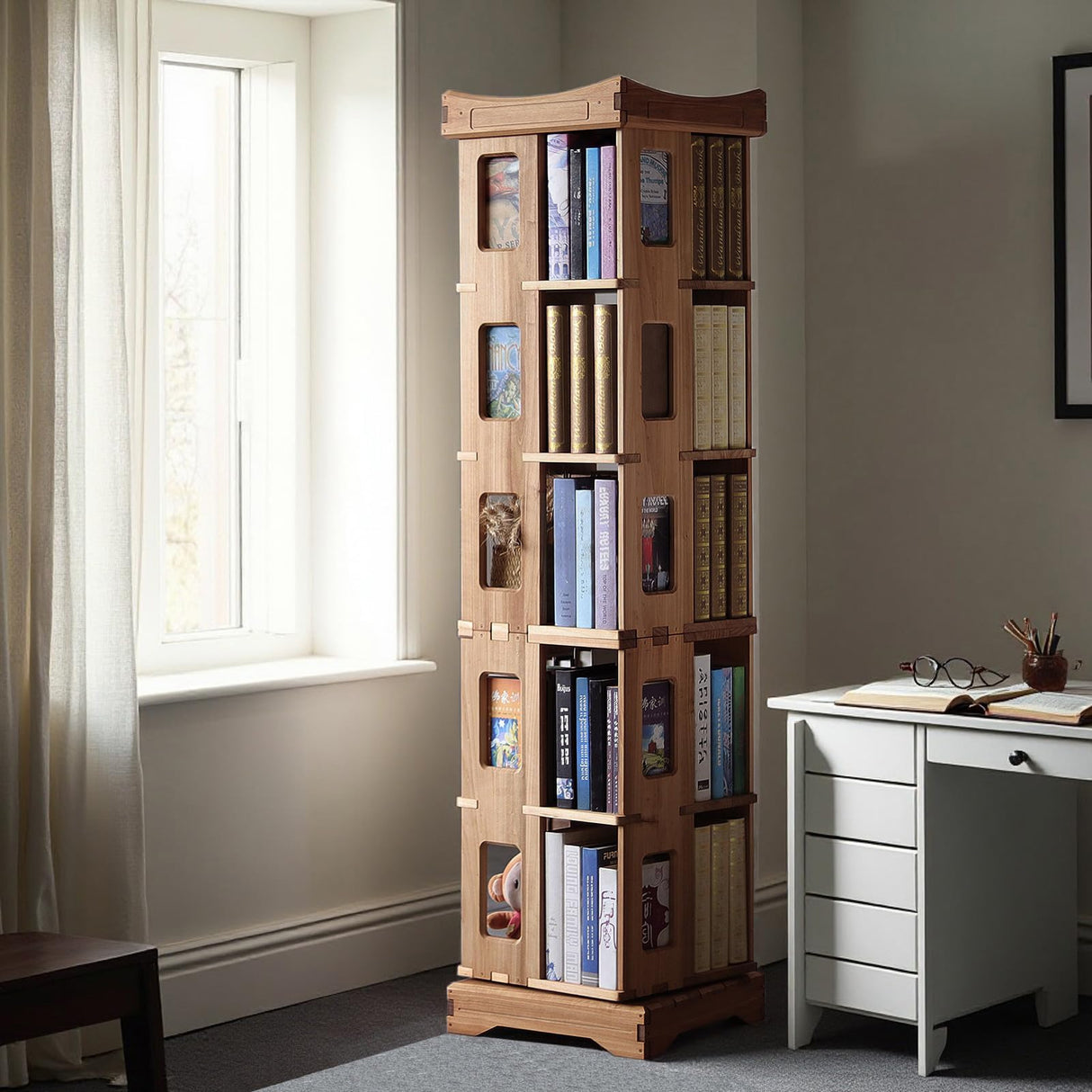 unununu Wooden Rotating Bookshelf, Larger Solid Wood Revolving Bookcase,360°Spinning Book Shelf Tower,Floor Standing Storage Rack,Corner Organizer for Small Space,Study,Office,17"x17"x69.75"(5-Tier) unununu