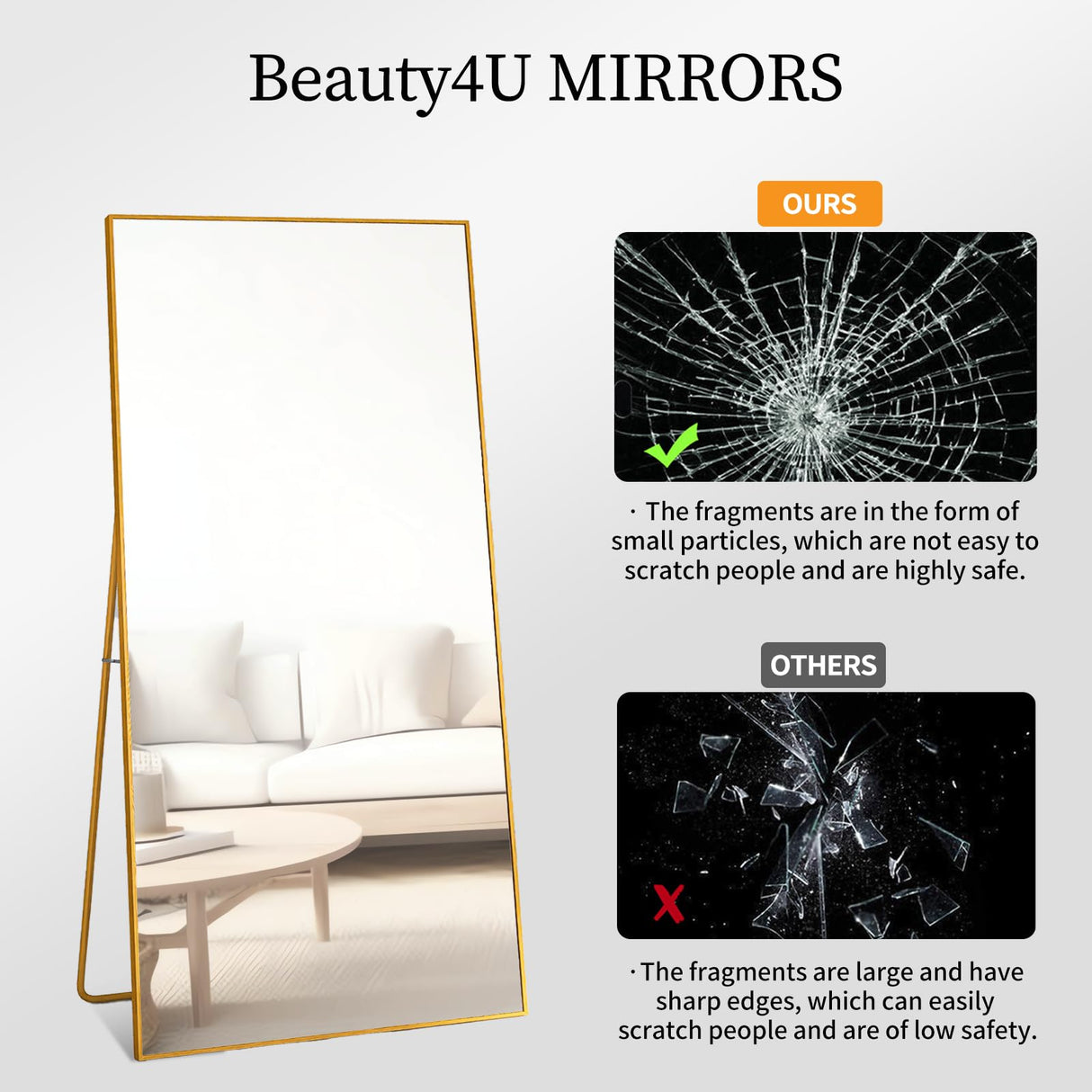Beauty4U 65" x 24" Full Length Mirror with Stand, Gold Wall Mounting Full Body Mirror, Metal Frame Full-Length Tempered Mirror for Living Room, Bedroom Beauty4U