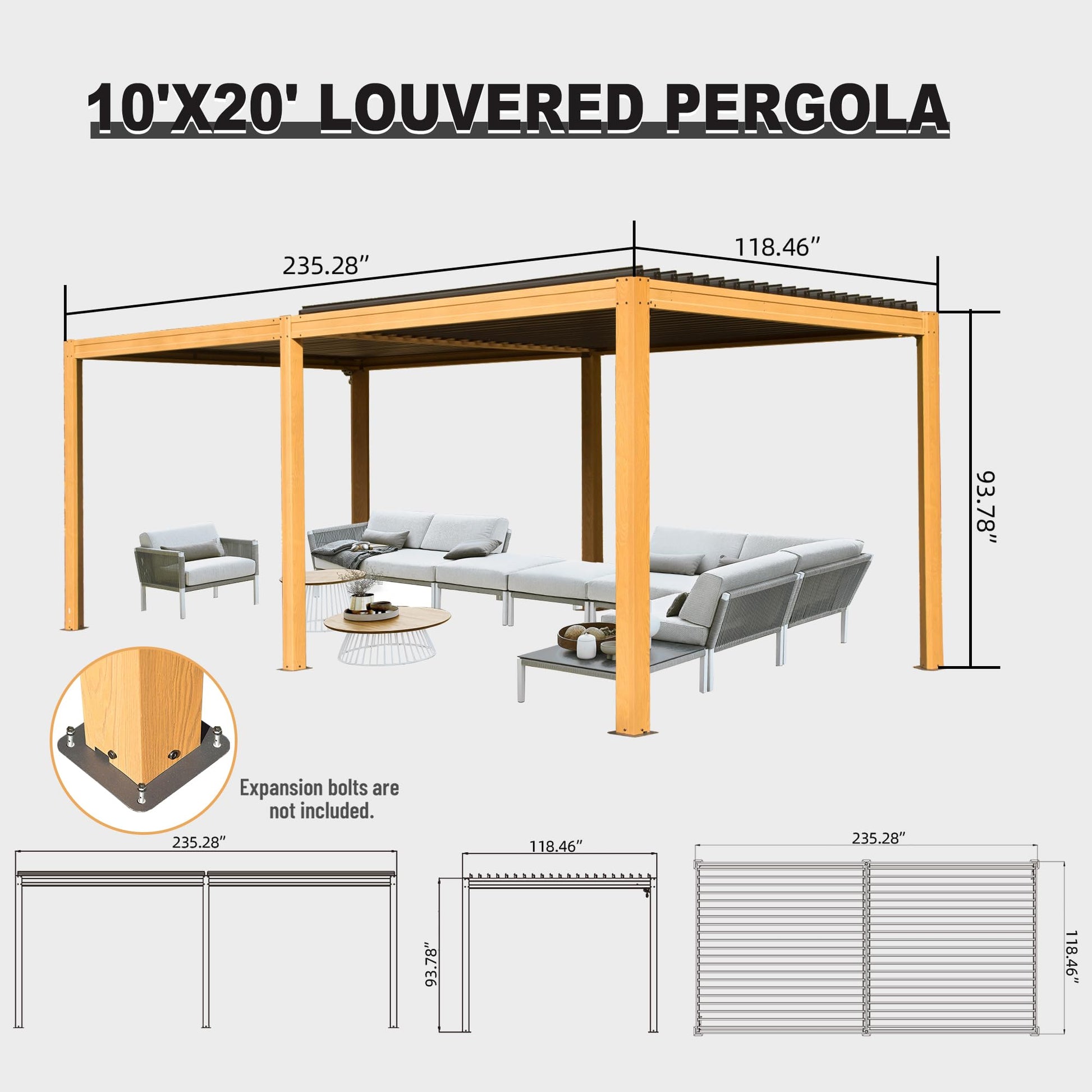 SHPAI 10’ x 20’ Louvered Pergola, Outdoor Pergola Aluminum Frame with Adjustable Rainproof Metal Roof, Permanent Sun Shade with Drainage System for Backyard, Garden and Lawn (Wooden Grain) - WoodArtSupply