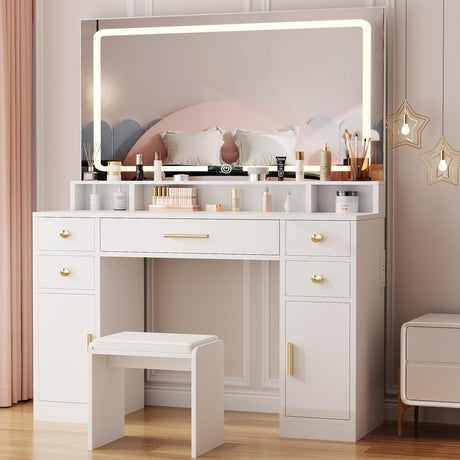 ANWBROAD Vanity Desk Set with Large LED Lighted Mirror Power Outlet Makeup Vanity Table 3 Color Lighting Modes Dressing Table with 5 Drawers and 2 Cabinets Cushioned Stool for Bedroom, White UBDT57W ANWBROAD