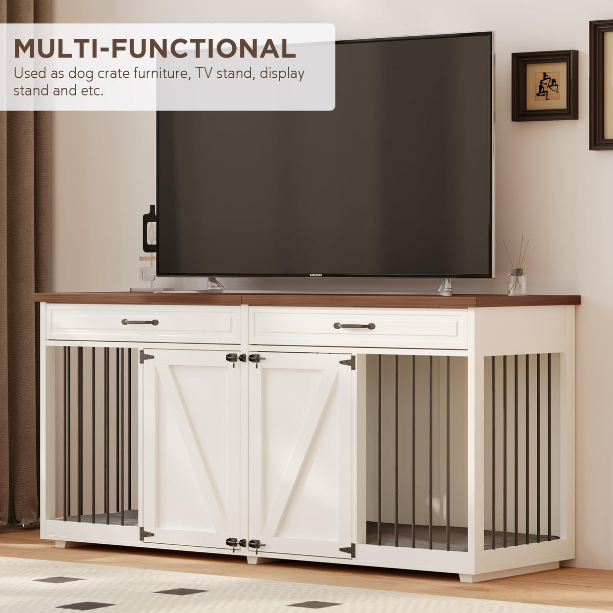 Furniture Style Dog Crate - Indoor Wooden Dog Kennel Furniture with 2 Drawers & Room Divider - 72" L x 23.6" W x 34" H - White MOWPEX