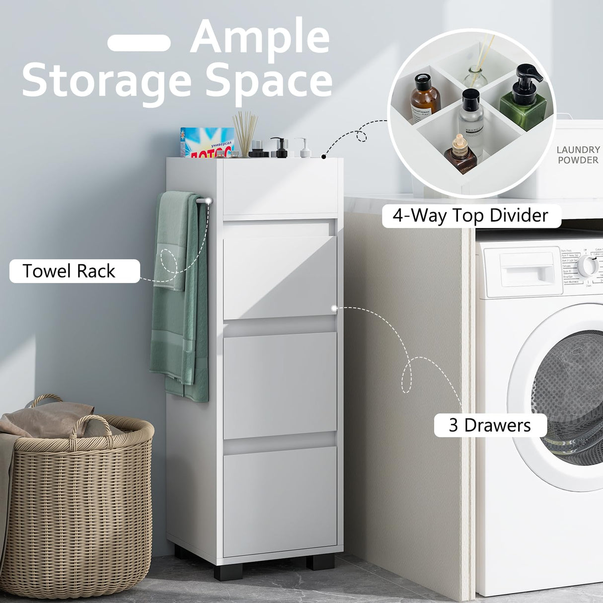 Tangkula Square Bathroom Floor Cabinet, Freestanding Storage Cabinet with 3 Drawers, 4 Top Dividers and 1 Towel Rack, Chest of Drawers for Narrow Places, 12 x 12 x 35.5 Inch (White, 35.5" H) Tangkula