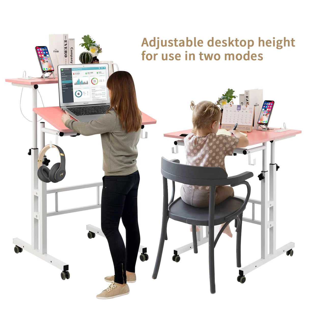SIDUCAL Mobile Stand Up Desk, Adjustable Laptop Desk with Wheels, Home Office Workstation with USB Ports and Outlets, SIDUCAL