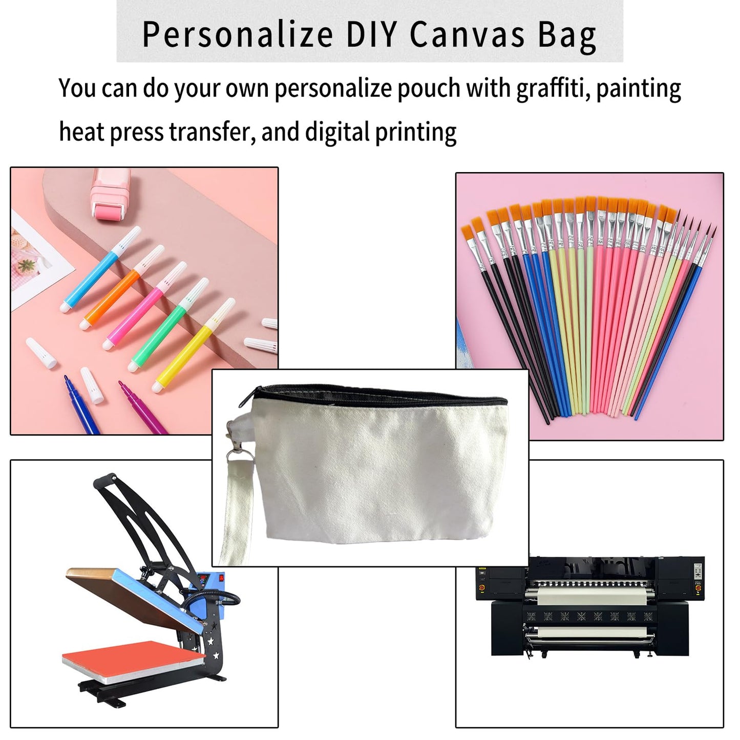 10 Pack Sublimation Blanks Canvas Makeup Bags with Wristband Lanyards, DIY Heat Transfer Cosmetic and Pencil Pouches, Multi-Purpose Travel Toiletry Zipper Bags for Crafting and Personalization