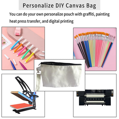 10 Pack Sublimation Blanks Canvas Makeup Bags with Wristband Lanyards, DIY Heat Transfer Cosmetic and Pencil Pouches, Multi-Purpose Travel Toiletry Zipper Bags for Crafting and Personalization