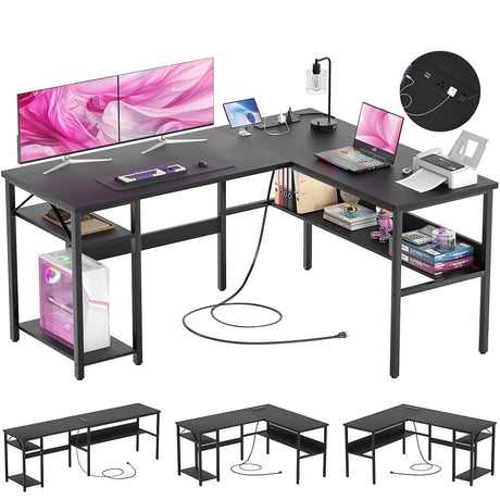 Hyomdeck Reversible L Shaped Computer Desk with Power Outlets and USB Charging Ports, Sturdy Corner Desk with Storage Shelf, Modern Work Gaming Table for Home Office, Easy to Assemble, Black Hyomdeck