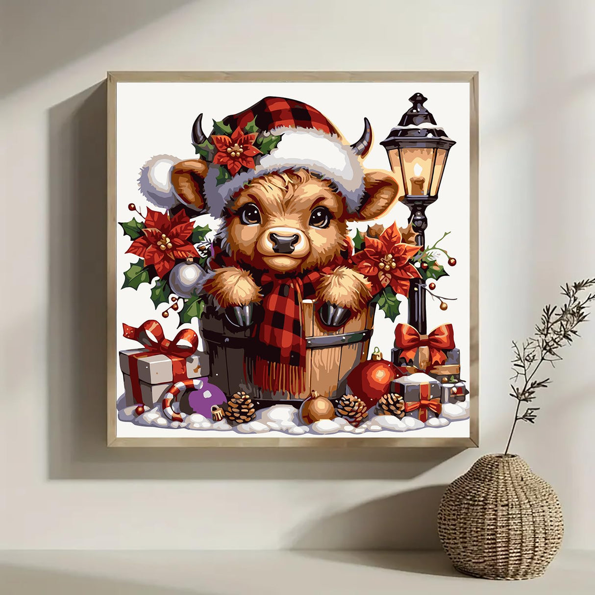 Christmas Cow Light Poinsettia Paint by Numbers for Adults, DIY Winter Paint by Numbers Kits for Adults Beginners Without Frame, Acrylic Paint on Canvas Painting Kits for Home Decor 16x16 Inch AWLNKMC