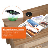 AILEEKISS Night Stand Set of 2 Rattan Nightstands with Wireless Charging Station, Wood Accent Bed Side End Tables with 2 Rattan Drawers, Modern Bedside Stand for Bedroom, Living Room (Natural Oak) AILEEKISS