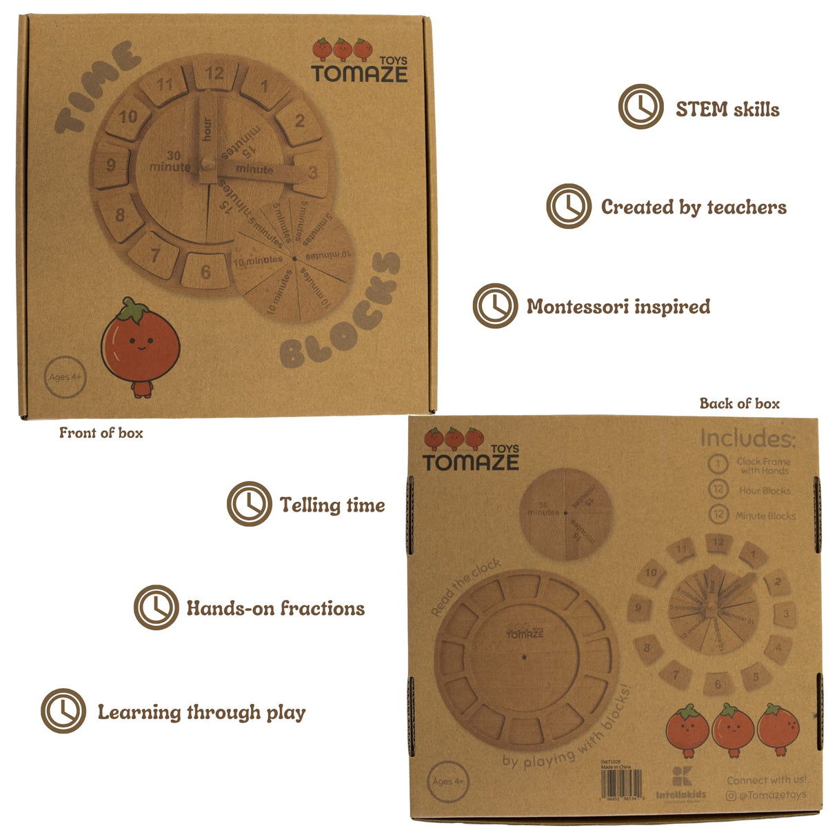 Tomaze Montessori Wooden Toy Clock - Kids' Educational Kit to Teach Time, Fractions, Numbers, & Sorting with Blocks - Early Math Learning - Gift for Age 4+ Boy Girl Preschooler in Classroom Homeschool Tomaze Toys