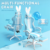 Ferghana Kawaii Light Blue Gaming Chair with Bunny Ears, Ergonomic Cute Gamer Chair with Footrest and Massage, Racing Reclining Leather Computer Game Chair 250lbs for Girls Adults Teens Kids Ferghana