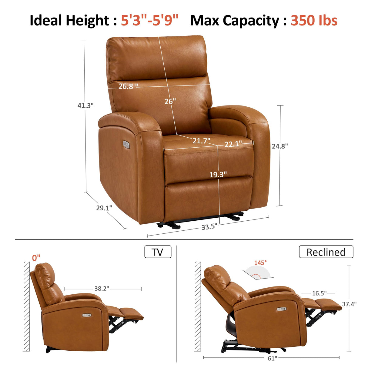MCombo Zero Wall Recliner Chair, Power Wall Hugger Recliner with USB & Type-C Dual Charge Ports, for Small Space, Living Room, RV PR644 (Cognac Brown) MCombo
