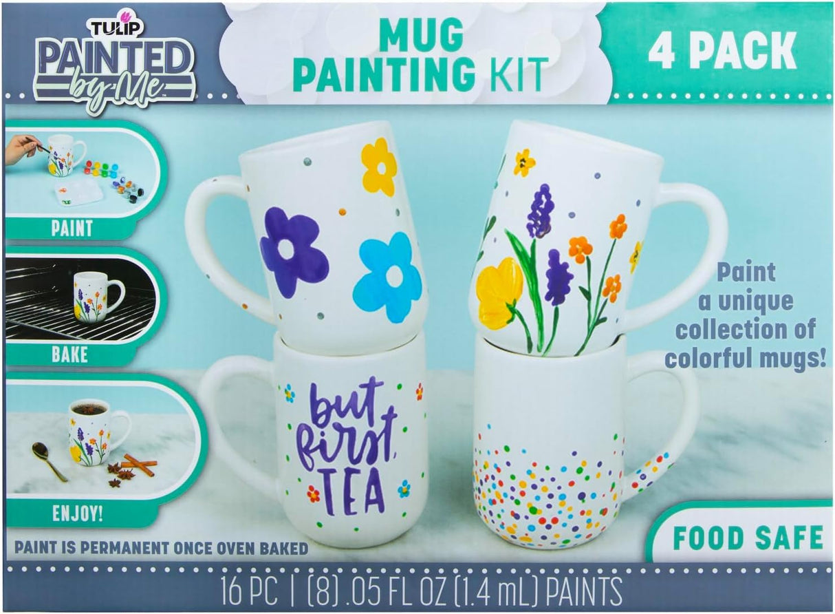 Tulip Food Safe Painted by Me, at Home Paint and Bake Kit - 4 Ceramic Mug Painting Set, Family Activity or Paint Night, All-In-One - Rainbow Paint, 4 Brushes & 4 Paintable Mugs. Studio Quality Results Tulip