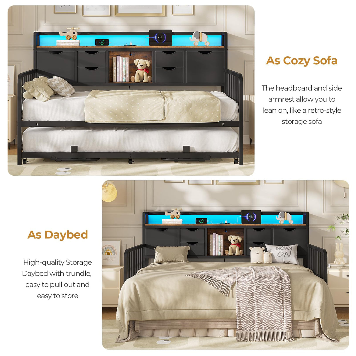 ADORNEVE Daybed with Trundle, Twin Day Bed with Storage Headboard & Charging Station, Height Adjustable Metal Trundle Bed Twin, Sofa Bed Frame for Living Room, Bedroom and Guest Room, Black ADORNEVE