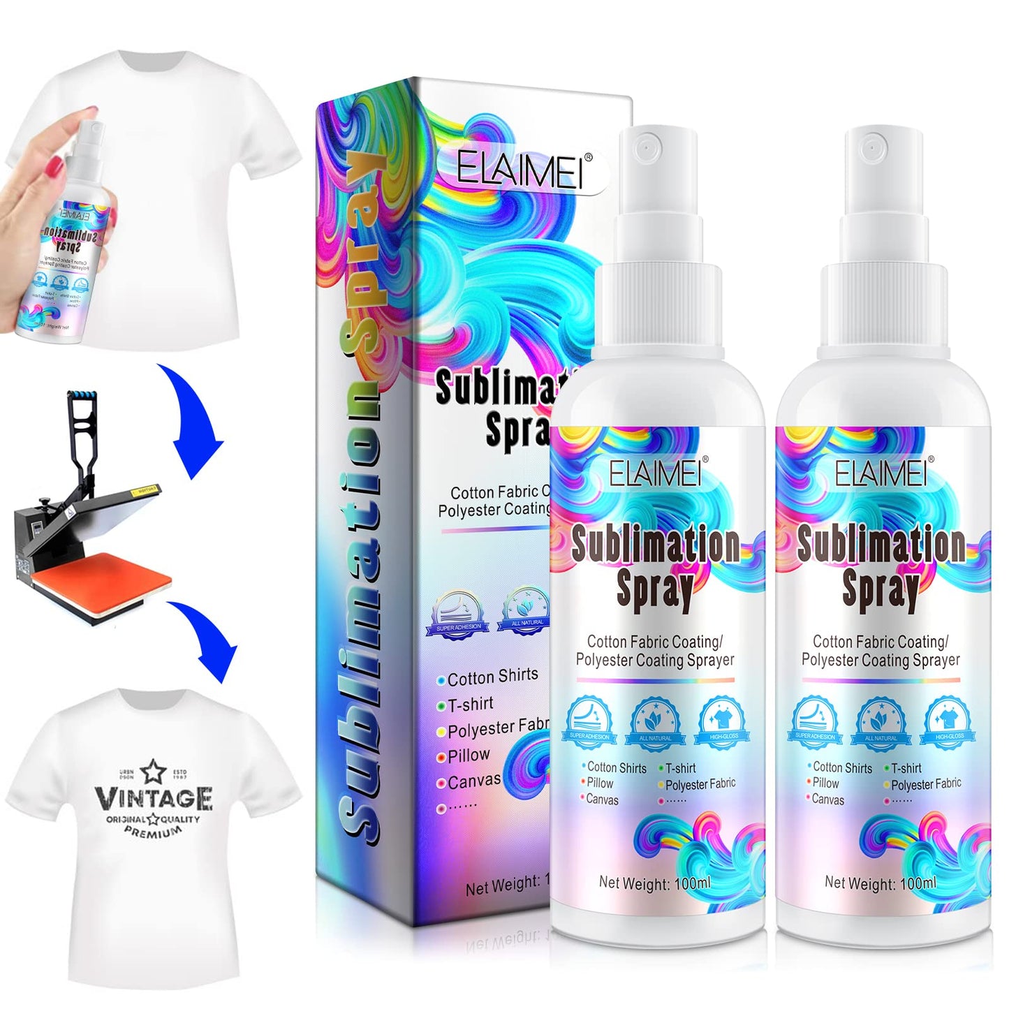 Sublimation Spray for Cotton Shirts, 2x100ml Sublimation Coating Spray for All Fabric Including Carton,Polyester,Canva,T-Shirts - Quick Dry & High Gloss, Super Adhesion, Vibrant Colors