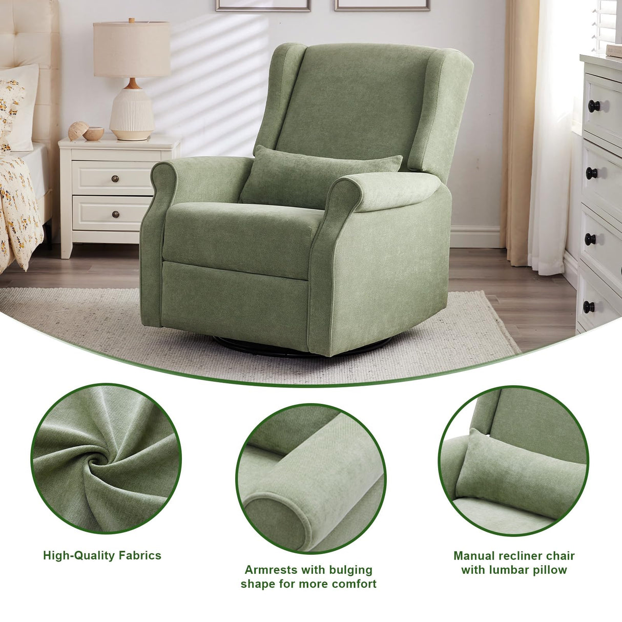 Eiayeebil Nursery Swivel Glider Recliner,Rocking Chair Nursery with Footrest,Rocking Recliner Chair for Nursery,Glider Rocker Recliner for Living Room & Bedroom,Green Eiayeebil