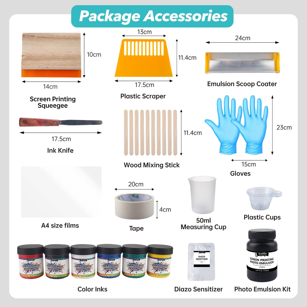 Ecoofor 49pcs All-in-One Screen Printing Kit with, 3 Size Wood Screen Printing Frames, 6 Colors Screen Printing Ink,10 A4 Size Inkjet Transparency Films Ecoofor