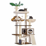 Hebly Wood Cat Tree for Indoor Cats, Cat Condo for Large Cats with Self Groomer,Modern Cat Scratching Tower with Basket,Hammock,Dangling Ball and leaves,Rustic Brown HCT120SR Heybly