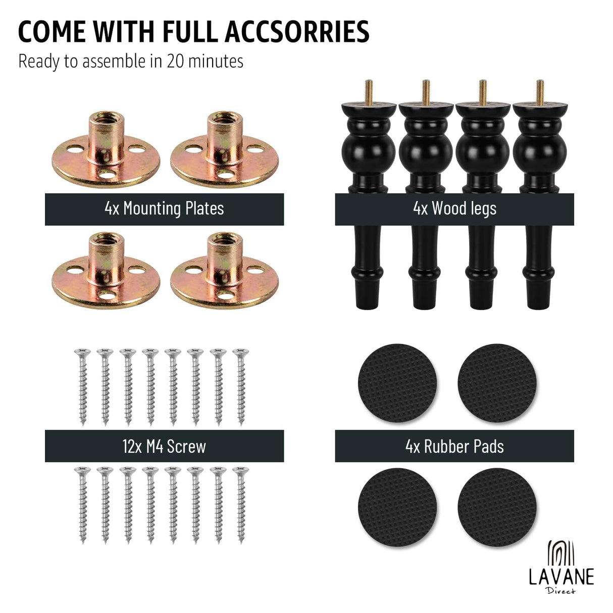 La Vane 11 inch / 28cm Wooden Furniture Legs, 4PCS Soild Wood Turned Spindle Black Replacement Spool Feet with Pre-Drilled M8 Inch Bolt & Mounting Plate for Couch Sofa Armchair Dresser Chest La Vane