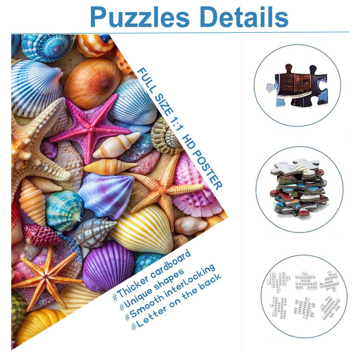Jigsaw Puzzles for Adults 1000 Pieces-Colorful Seashell and Starfish, 1000 Piece Puzzle for Adults with Letter on Back No Dust, with 1:1 Poster(27.6"x19.7") kepovin