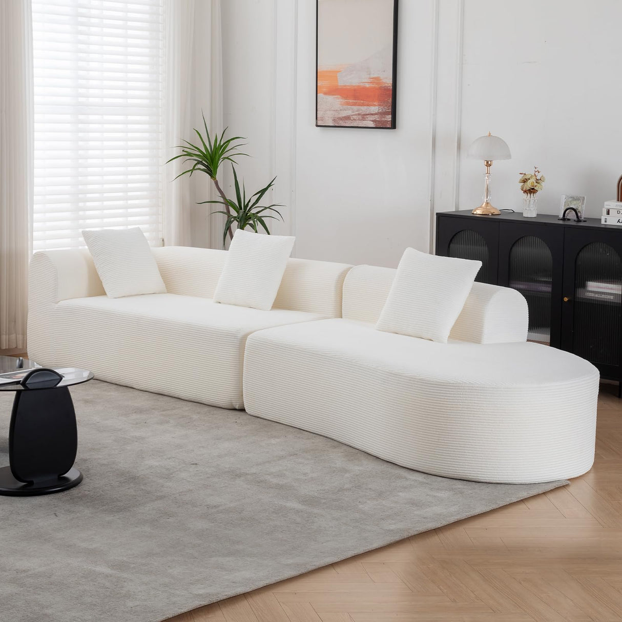 ClinQ 132-Inch Modern Style Curved Sofa, Upholstery Corduroy Sofa Couch with 3 Pillows, White ClinQ