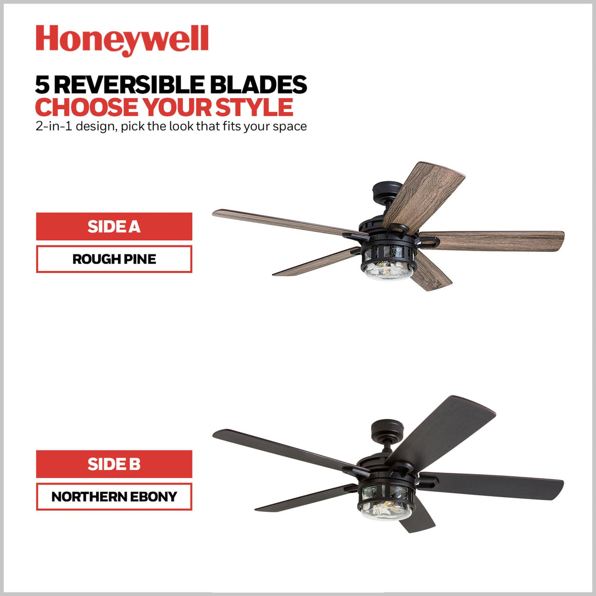 Honeywell Ceiling Fans Bonterra, 52 Inch Contemporary Indoor LED Ceiling Fan with Light and Remote Control, Dual Finish Blades, Reversible Motor - Model 50690-01 (Matte Black) Honeywell Ceiling Fans