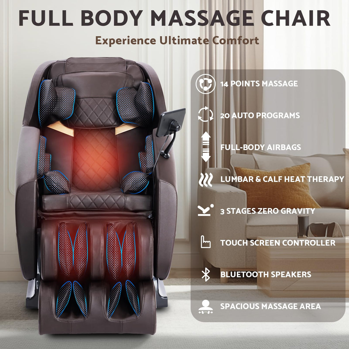Massage Chair, Zero Gravity Full Body Massage Chair, Shiatsu Recliner with 14 Massage Points, Lumbar & Calf Heating, 20 Auto Modes, Spacious Massage Area, Bluetooth Speaker, Touch Screen Controller Mazzup