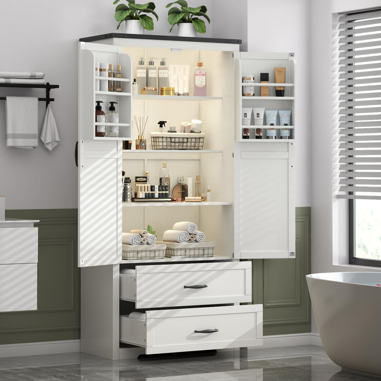 Loomie 71" Tall Farmhouse Kitchen Pantry with Sensor Light & Adjustable Shelves, Large Storage Cabinet with 2 Drawers & Adjustable Shelves, Rustic Wood Cupboard for Dining Room,Bathroom, Living Room Loomie