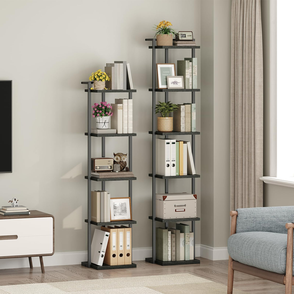 MAHANCRIS Bookshelf, 6-Tier Bookcase, Vertical Tall Narrow Book Shelf for Small Space, Open Storage Display Shelf with Stable Base & Anti-Tip Kits, for Living Room, Office, Study, Black BKBK11601 MAHANCRIS