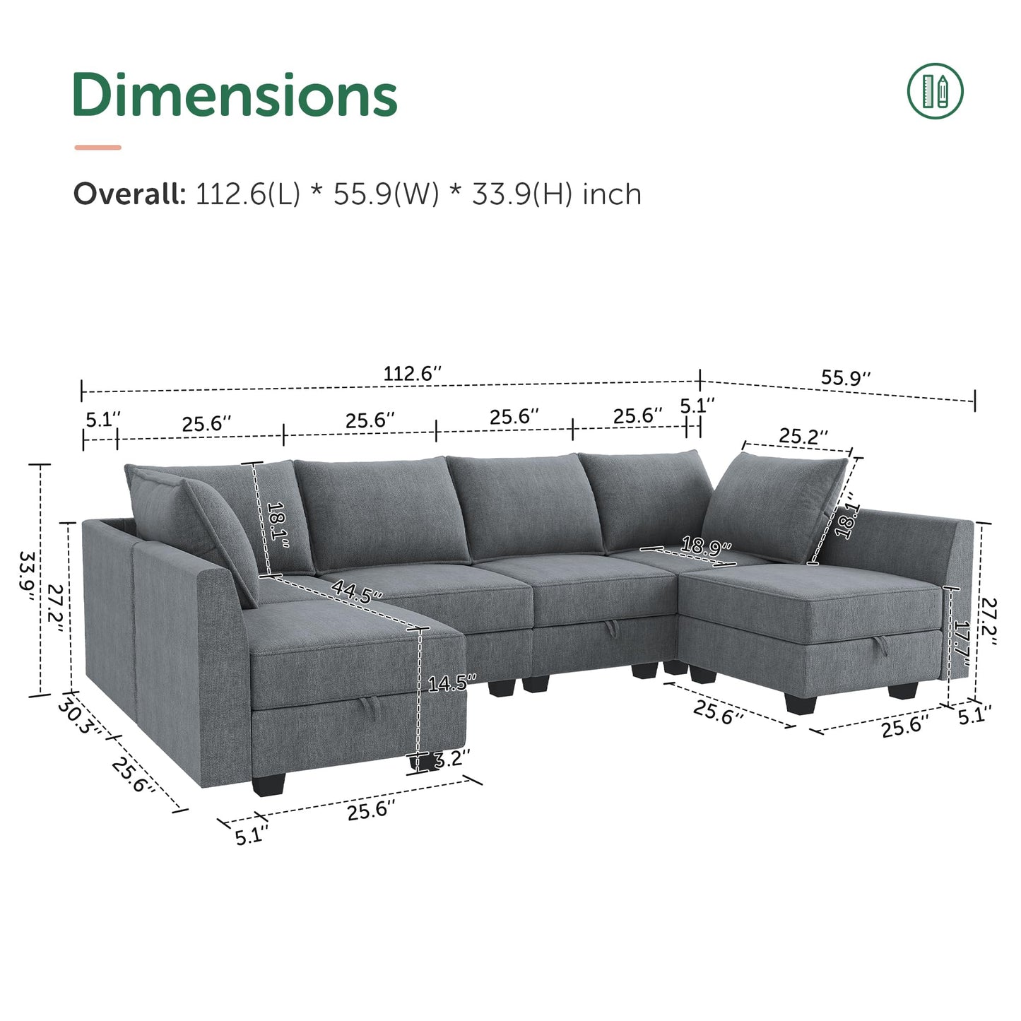 HONBAY Modular Couch U-Shaped Modular Sectional Sofa, Sectional Couch with Storage Seats (U Shape Sofa-2, Bluish Grey)