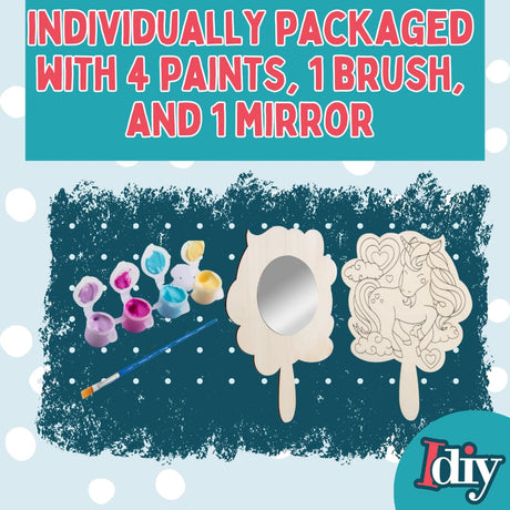Paint Your Own Mirror Kids Party Craft Kits (12 Unicorn Friends Wood Mirrors)- Each Kit Has its Own Brush & Four Paints- Fun, Unique Birthday Favors, Summer Camp Art Activity, Classroom School Project Idiy