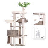 Hebly Wood Cat Tree for Indoor Cats, Cat Condo for Large Cats with Self Groomer,Modern Cat Scratching Tower with Basket,Hammock,Dangling Ball and Leaves,Rustic Gray HCT120SG Heybly