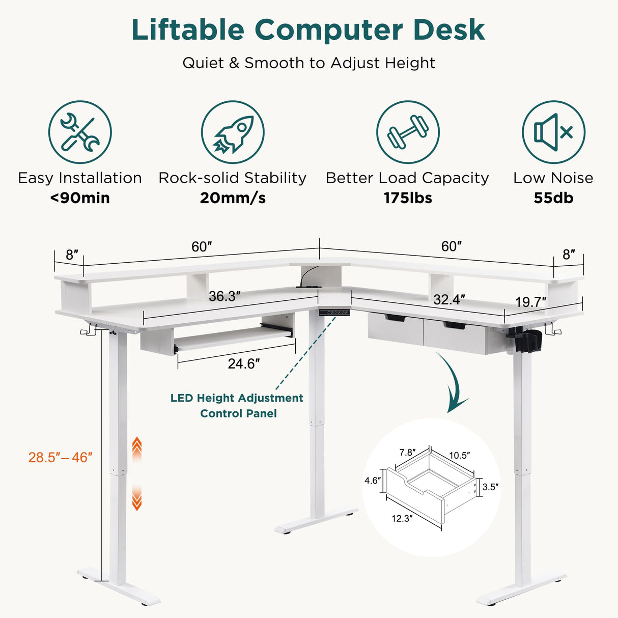 RedLemon 60 Inches L Shaped Electric Standing Desk, Height Adjustable Corner Gaming Desk with Drawers, Keyboard Tray, Power Outlets & LED Lights, Comnputer Desk with Monitor Shelf, Antique White RedLemon