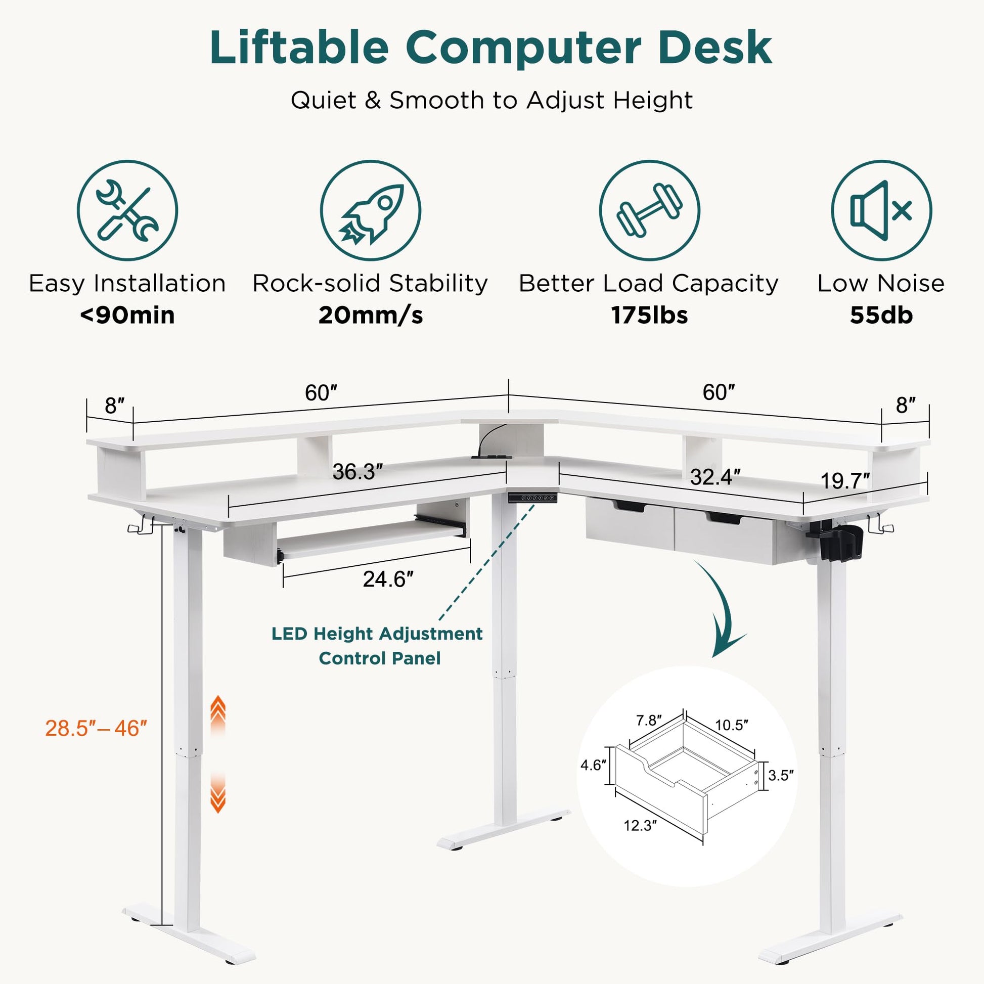 RedLemon 60 Inches L Shaped Electric Standing Desk, Height Adjustable Corner Gaming Desk with Drawers, Keyboard Tray, Power Outlets & LED Lights, Comnputer Desk with Monitor Shelf, Antique Wh - WoodArtSupply