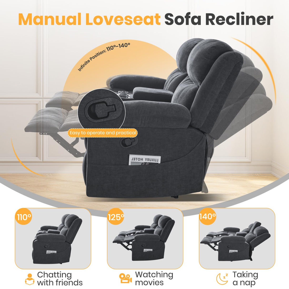 RIHEREFY Loveseat Recliner Sofa with Massage & Heating, Reclining Loveseat with Console, RV Wall Hugger Double Loveseat Recliner Couch for Living Room & Home Theater (Chenille-Grey) RIHEREFY