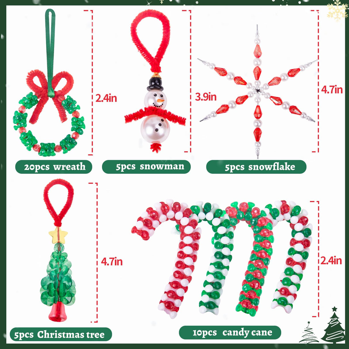 NLUS Christmas Crafts for Kids Adults, 45 Pcs Christmas Beaded Ornament Kits Holiday Crafts - Including Snowman/Christmas Tree/Wreath/Candy Cane/Snowflake (Assembly Required) NLUS