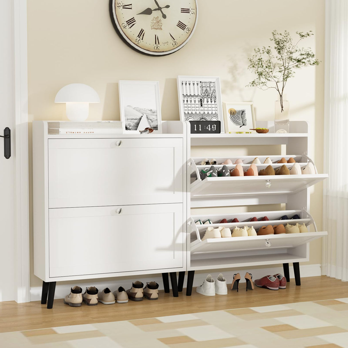 VOWNER Shoe Storage Cabinet with 2 Flip Drawers, Shoe Cabinet with Open Storage & Crystal Handle, Narrow Shoe Rack Organizer for Entryway, Hallway, White VOWNER