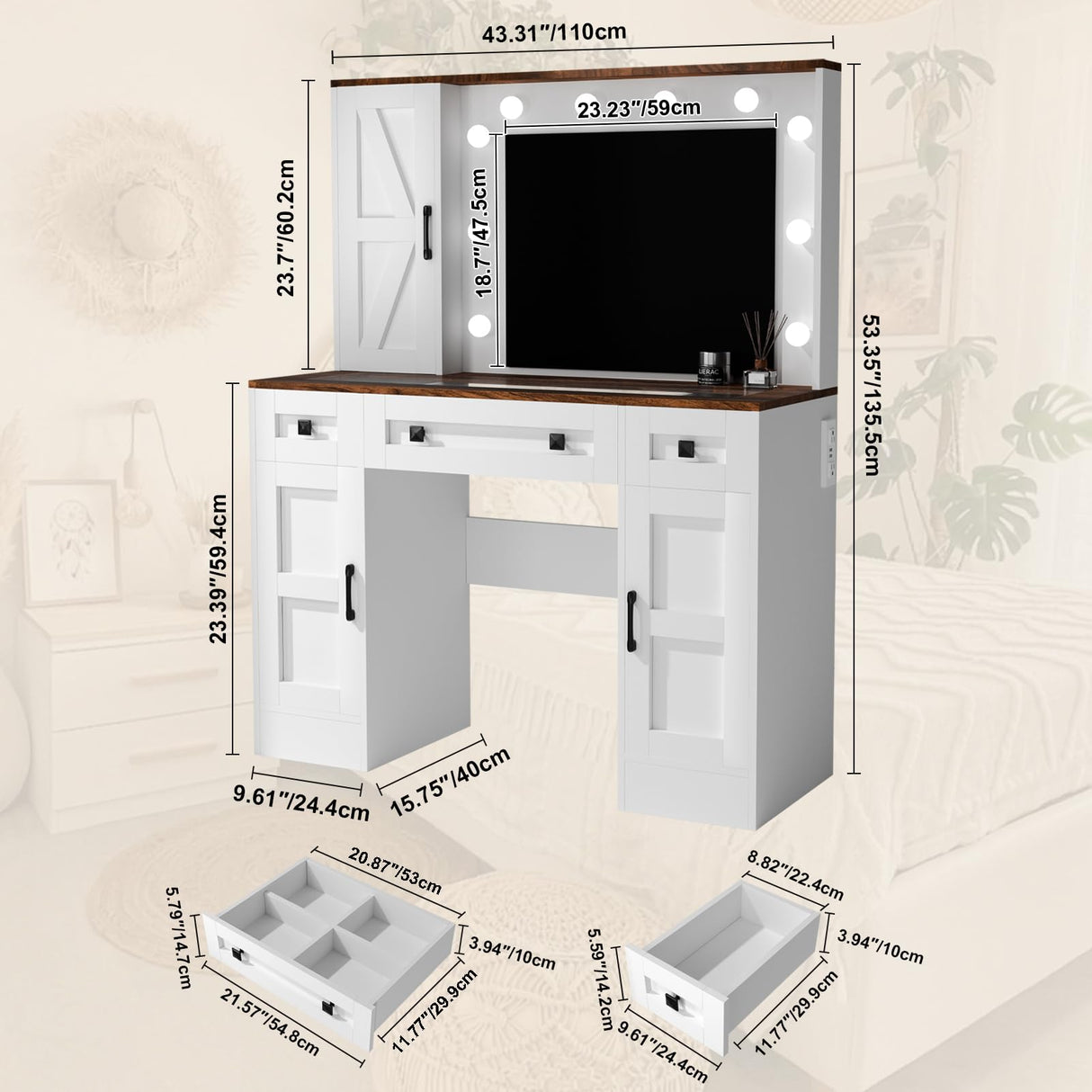 CUOZOVA Farmhouse Vanity Desk with Mirror and Lights, Glass Tabletop Vanity with Charging Station，Vanity Table with 3 Drawers & 3 Cabinets, White Rustic Makeup Vanity for Bedroom CUOZOVA