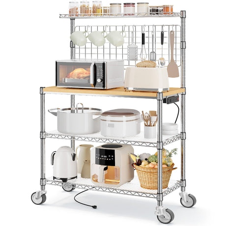 Leteuke Bakers Rack with Power Outlet & Storage, 36 Inch Microwave Stand Kitchen Cart, 4-Tier Metal Kitchen Shelves Cart with Wheels & 20 S-Hooks for Kitchen, NSF Certified, 63 x 18 x 36 Inch-Chrome Leteuke
