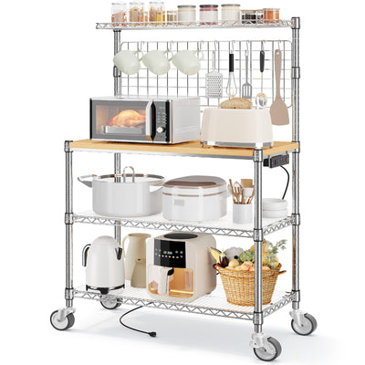 Leteuke Bakers Rack with Power Outlet & Storage, 36 Inch Microwave Stand Kitchen Cart, 4-Tier Metal Kitchen Shelves Cart with Wheels & 20 S-Hooks for Kitchen, NSF Certified, 63 x 18 x 36 Inch-Chrome