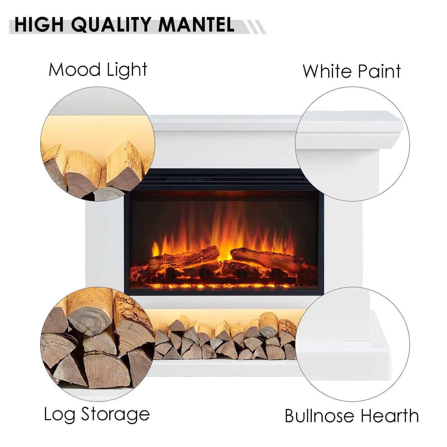 LegendFlame® Camille Electric Fireplace with 39.5" Mantel Surround and Jaden 27" Insert, Cream White Finish