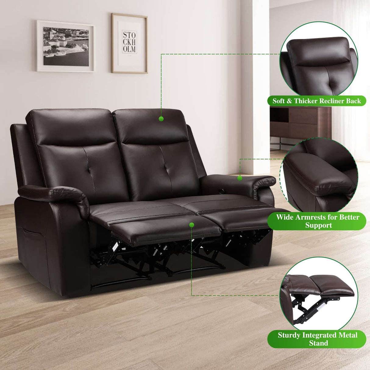 B BAIJIAWEI PU Leather Reclining Sofa - Manual Double Recliner Loveseat with Massage & Heating - 2-Seater Home Theater Seating for Living Room, Reading Room, Bedroom (Brown) B BAIJIAWEI