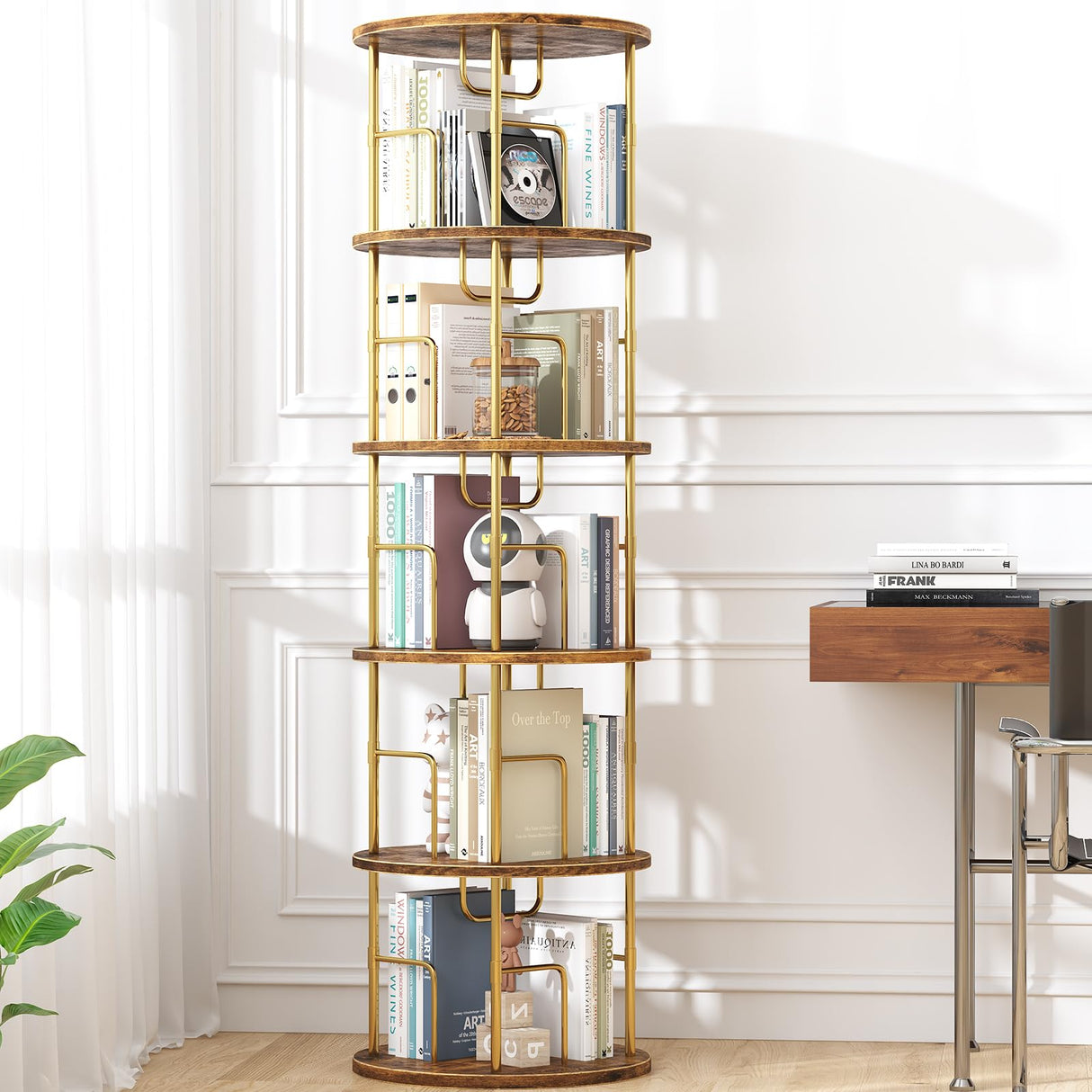 5Tier Rotating Bookshelf, 360 ° Display Stackable Spinning Bookshelf Tower, Narrow Space Saving Tall Floor Standing Swivel Bookcase Corner Storage Organizer for Bedroom/Living Room/Office，Gold swlongbooks