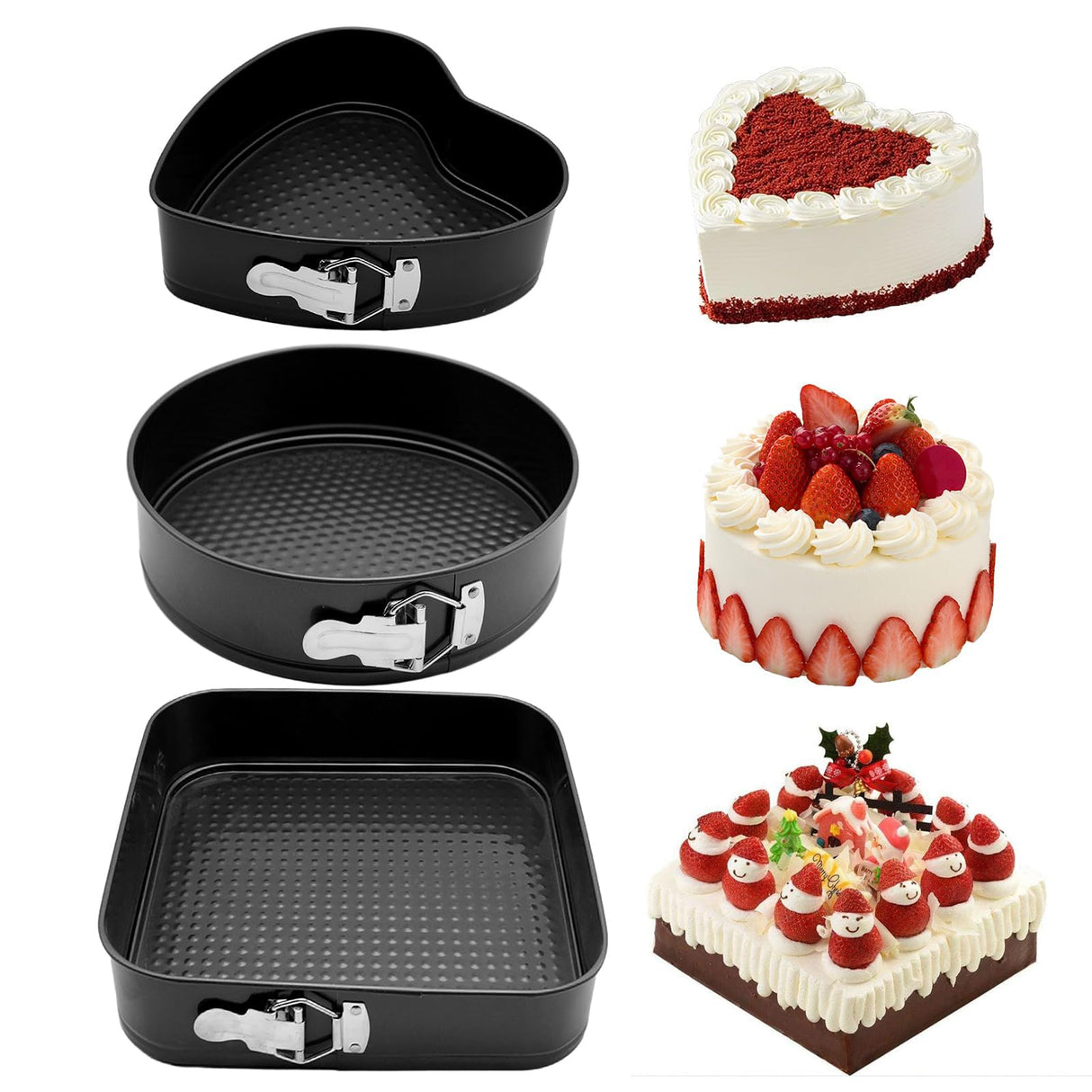 GZMAISULEE Springform Cake Pan Set of 3 (7, 8, 9 Inch) Heart Round Square Leakproof Nonstick Cheesecake Pans with Removable Bottom Carbon Steel Bakeware GZMAISULEE