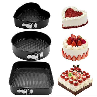 GZMAISULEE Springform Cake Pan Set of 3 (7, 8, 9 Inch) Heart Round Square Leakproof Nonstick Cheesecake Pans with Removable Bottom Carbon Steel Bakeware