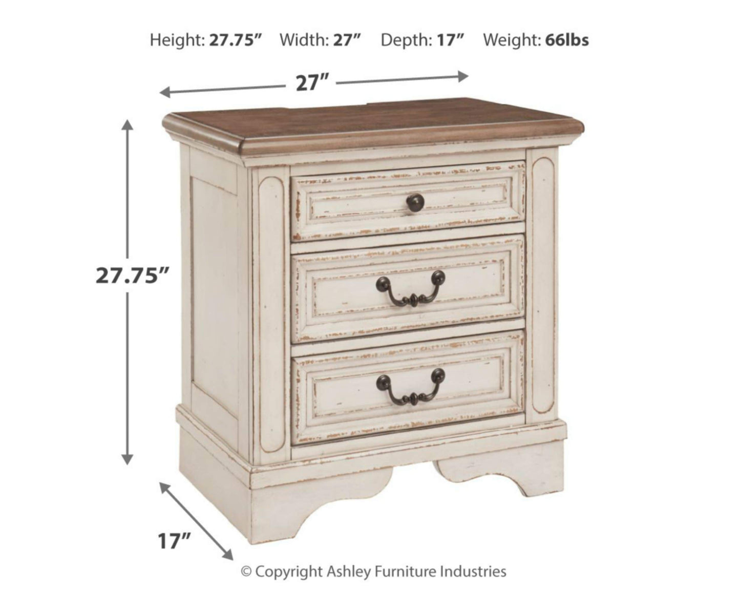 Signature Design by Ashley Realyn French Country 3 Drawer Nightstand with Electrical Outlets & USB Ports, Chipped White - WoodArtSupply