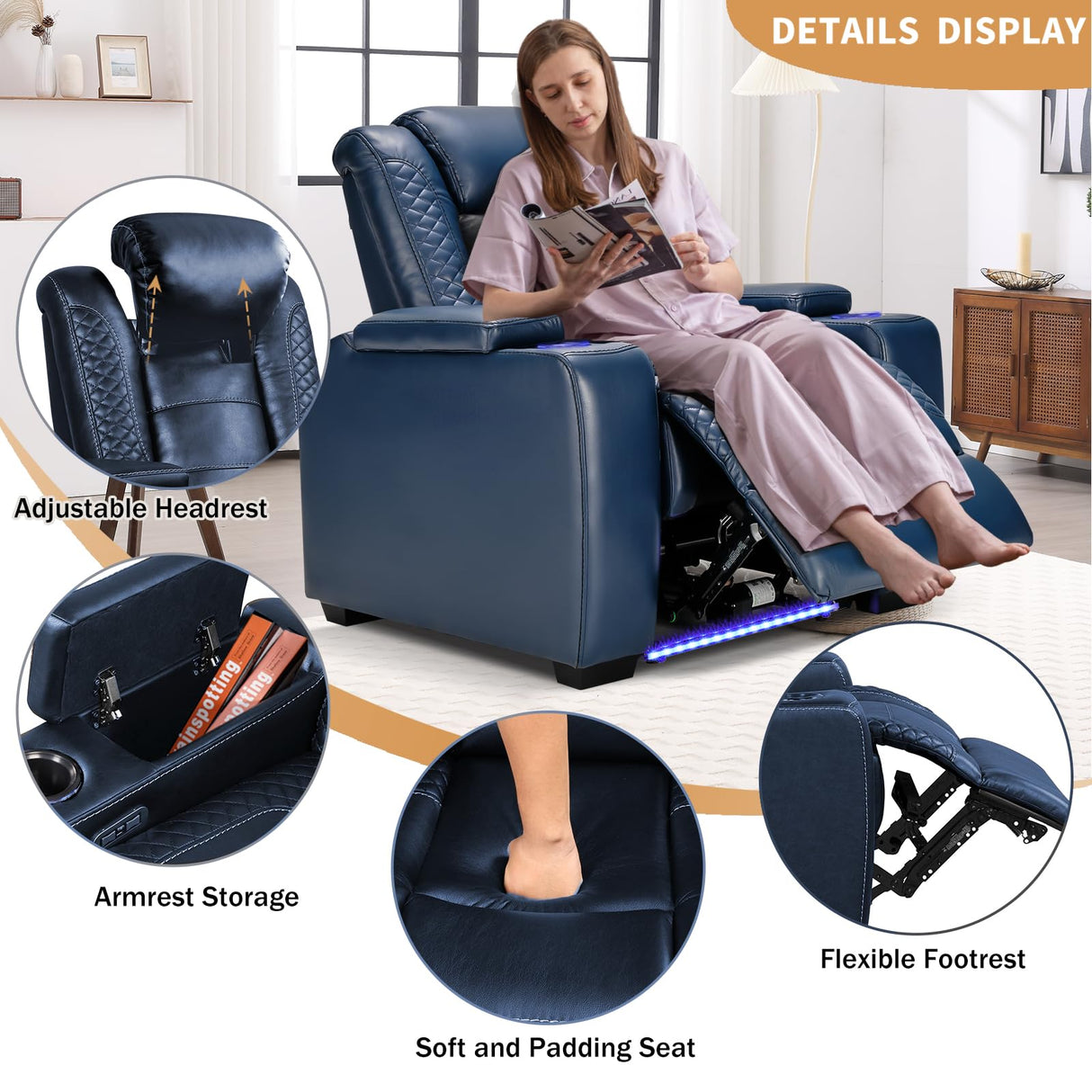 ANJ Power Home Theater Seating Recliner chairs, PU Leather Recliner with Cup Holder, Electric Movie Theater Reclining Chairs with Adjustable Powered Headrest, Blue LED, Hidden Arm Storage (Black-Blue) ANJ